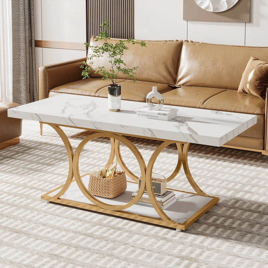 46.5-Inch Rectangular Coffee Table with Marble-Effect Top and Gold Frame, 2-Tier Storage for Living Room