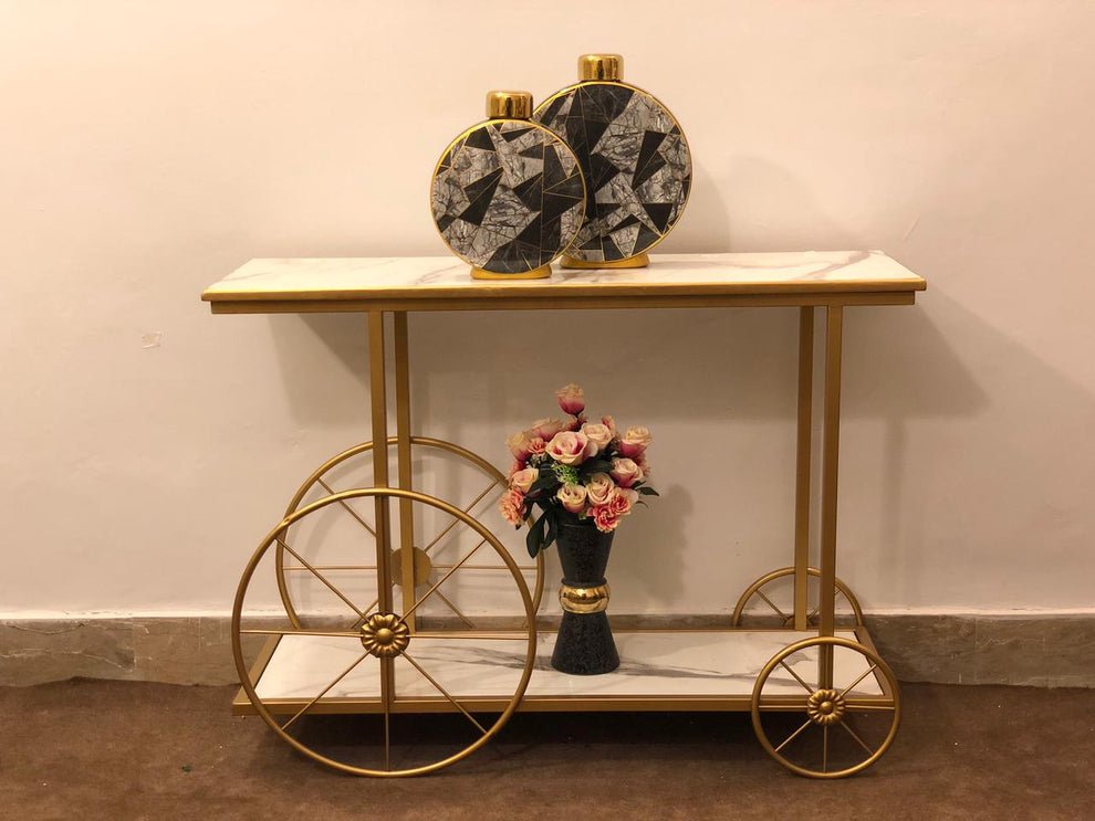 Modern Gold Metal Console Table with Marble Top Shelves (48" x 18" x 32")