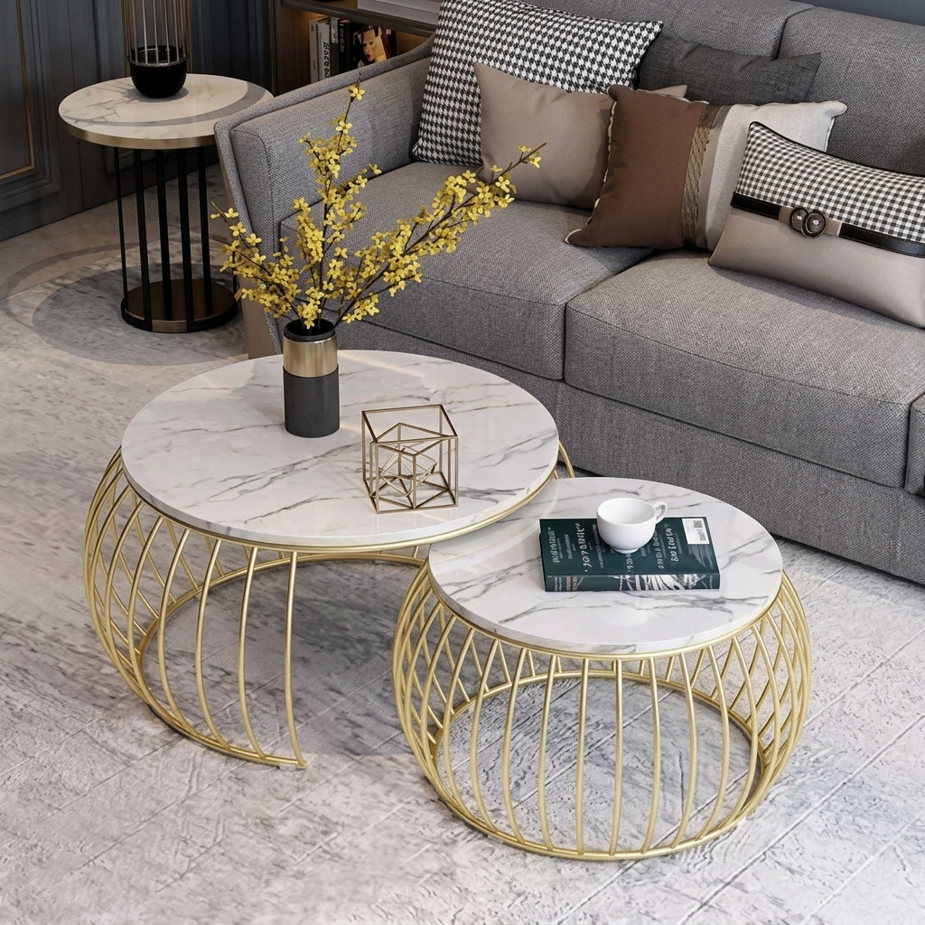 Luxury Round Nesting Coffee Table Set – 2-Piece White Marble & Gold Wire Table