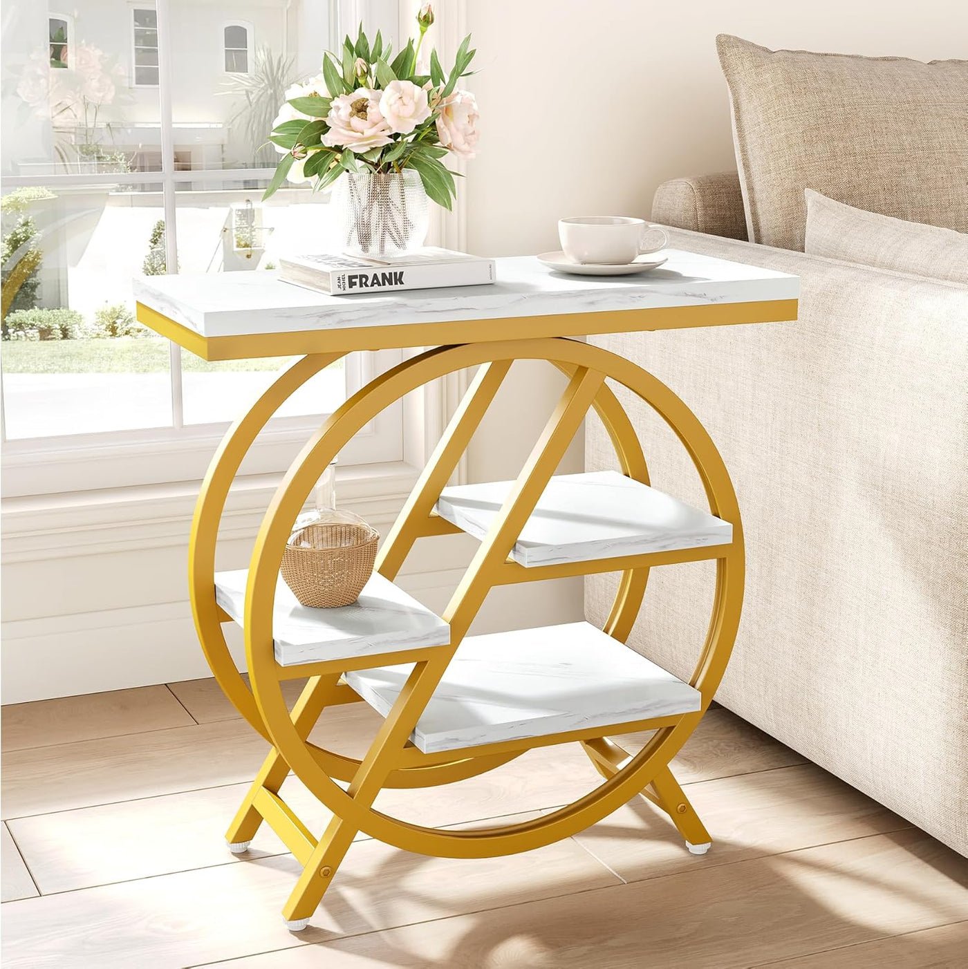 26" Modern Geometric End Table – 4-Tier Accent Side Table with Round Metal Frame