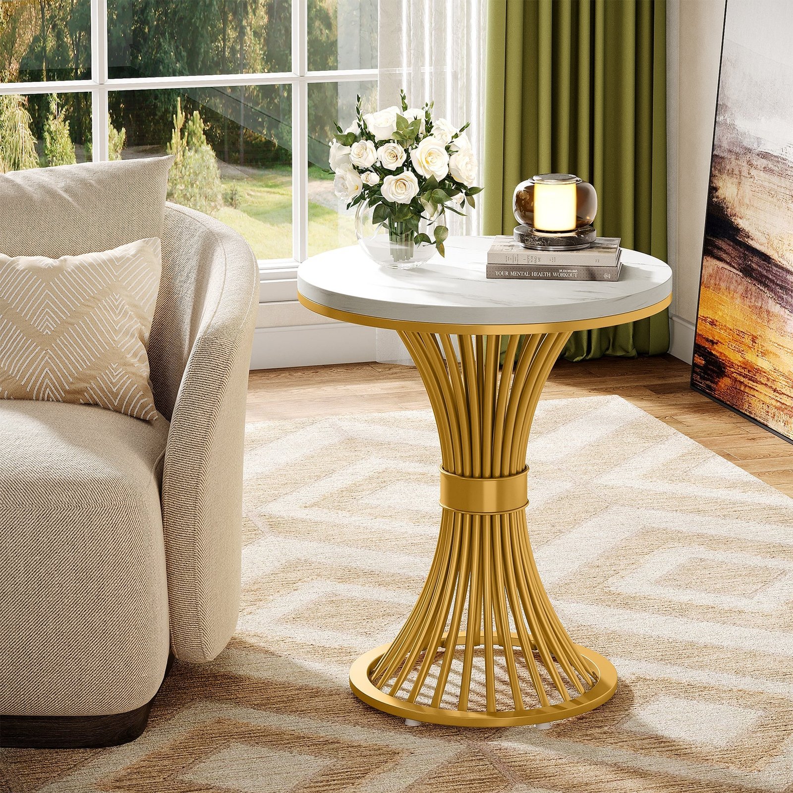 20" Modern Glam Round End Table – Faux White Marble Side Table with Gold Pedestal Base