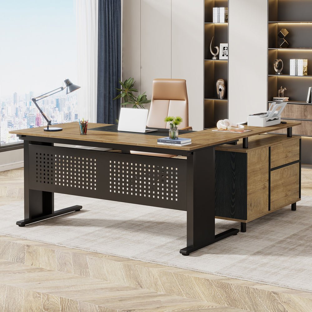 Modern L-Shaped Executive Office Desk with File Cabinet & Storage Shelves (63")